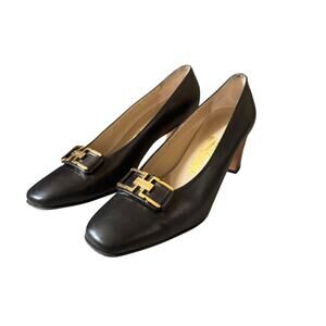 Salvatore Ferragamo Black Leather Block Heels Classic Size 7.5
